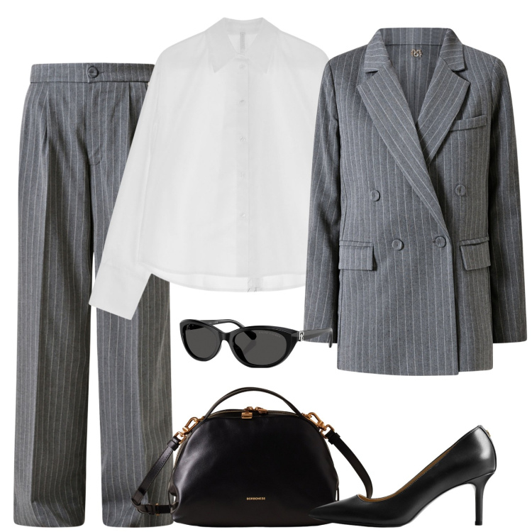 Outfit donna - Girl Power. Stile Mannish per Ufficio. Abbinamento con blazer, pantaloni, camicie, borse a mano, décolleté, occhiali da sole.