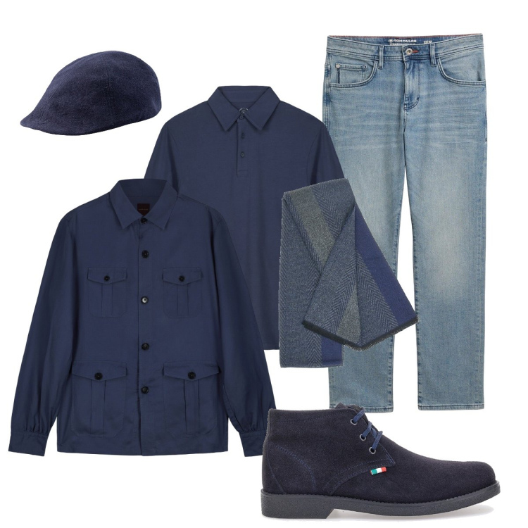 Outfit uomo - Tutto in blu. Stile Trendy per Tutti i giorni. Abbinamento con jeans dritti, cappotti, polo, cappelli con visiera, sciarpe, scarpe stringate.