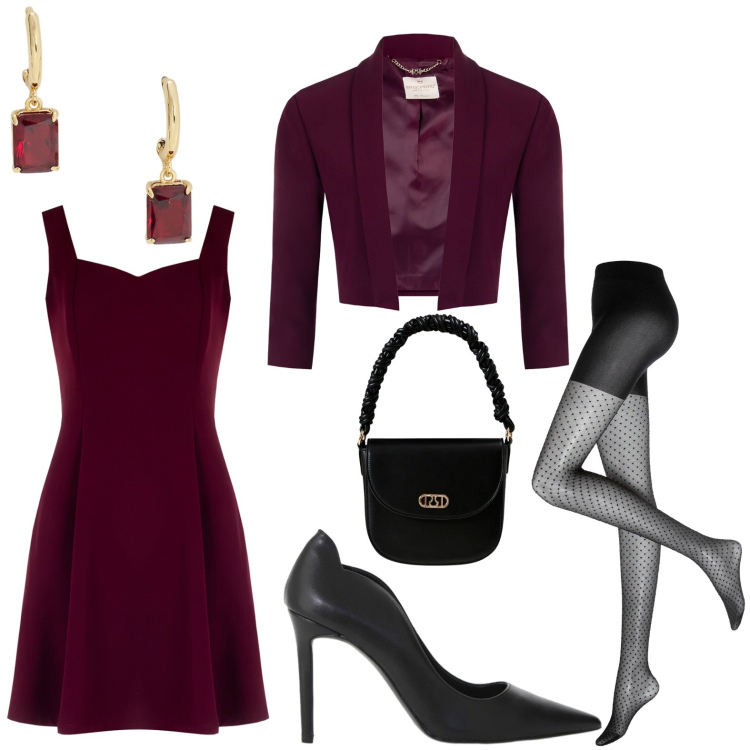 Outfit donna - Eleganza e convenienza. per Serata fuori. Abbinamento con collant, vestiti a tubino, blazer, borse a mano, décolleté, orecchini.