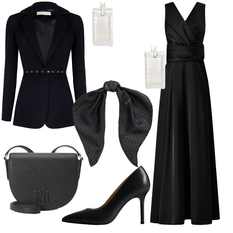 Outfit donna - Black Friday Chic. Stile Chic per Serata fuori. Abbinamento con vestiti lunghi, blazer, orecchini, foulard, borse a tracolla, décolleté.