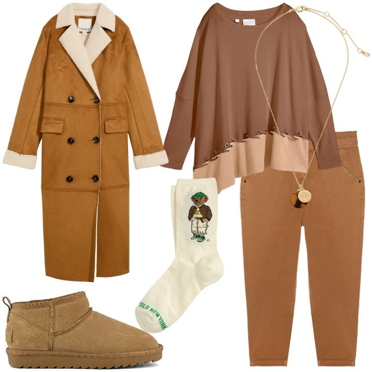 Outfit donna - Look color caramello - Focus Donna Curvy. Stile Casual chic per Tutti i giorni. Abbinamento con cappotti, maglieria, collane, calzini, stivali, pantaloni.
