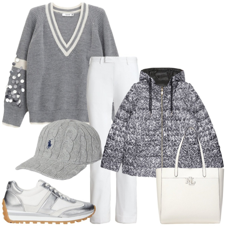 Outfit donna - Bianco, grigio e argento come le stelle. Stile Bon Ton per Tutti i giorni. Abbinamento con maglieria, cappelli, borse tote, sneakers, pantaloni, piumini.