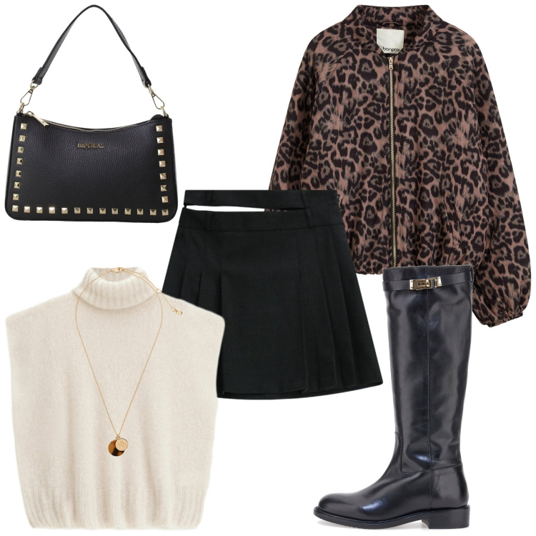 Outfit donna - Animalier all\'università. Stile Sporty chic per Scuola/Università. Abbinamento con bomber, pochette, minigonne, maglieria, collane, stivali.