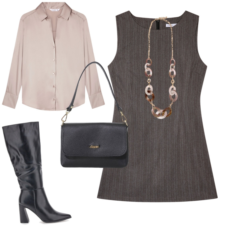 Outfit donna - City. Stile Urban per Tutti i giorni. Abbinamento con vestiti corti, camicie, borse a tracolla, stivali, collane.