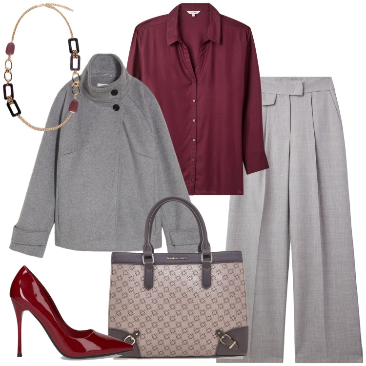 Outfit donna - Lo stile in saldo. Stile Chic per Ufficio. Abbinamento con blazer, pantaloni, camicie, collane, borse a tracolla, décolleté.