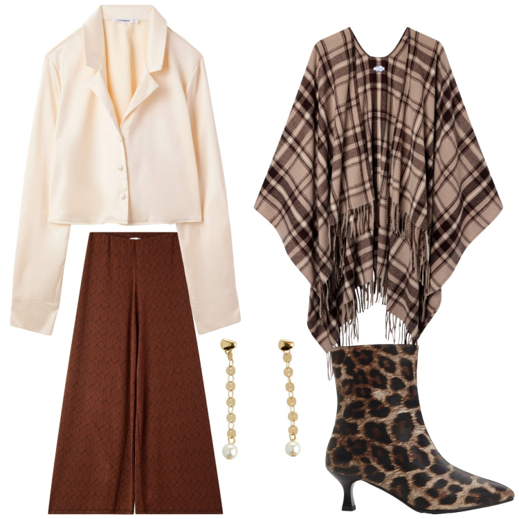 Outfit donna - Caramello salato. Stile Casual chic per Tutti i giorni. Abbinamento con orecchini, stivaletti, pantaloni, cappotti, camicie.