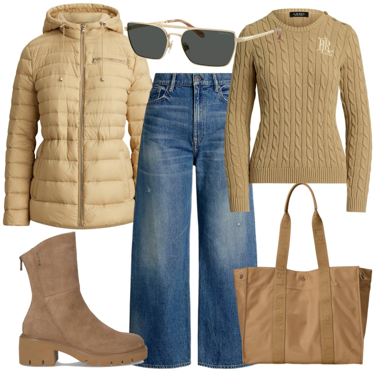 Outfit donna - Stile comodo. Stile Casual per Tutti i giorni. Abbinamento con borse tote, jeans, maglieria, piumini, occhiali da sole, stivaletti.