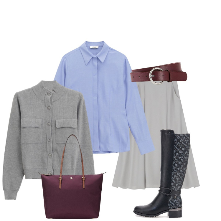 Outfit donna - In città. Stile Casual chic per Tutti i giorni. Abbinamento con cinture, cardigans, gonne lunghe, camicie, borse tote, stivali.