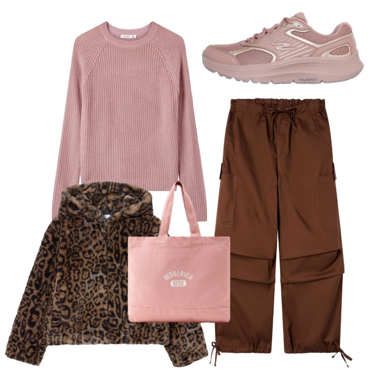 Outfit donna - Total look. Stile Basic per Scuola/Università. Abbinamento con maglieria, pantaloni cargo, ecopellicce, borse tote, sneakers.