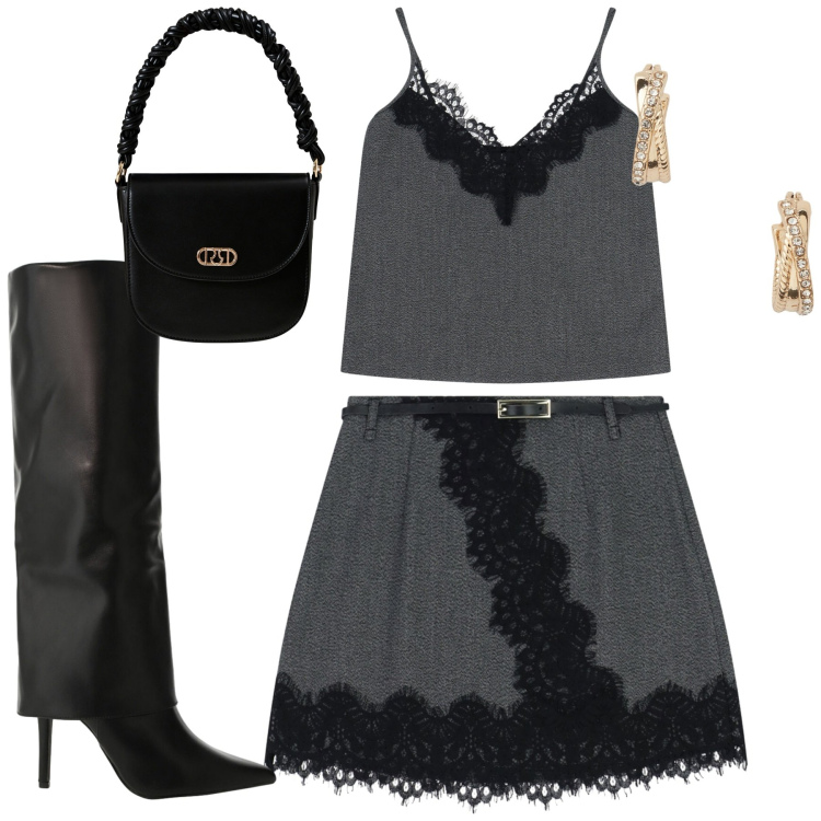 Outfit donna - Serata. Stile Sexy per Serata fuori. Abbinamento con borse a mano, minigonne, top, stivali, orecchini.