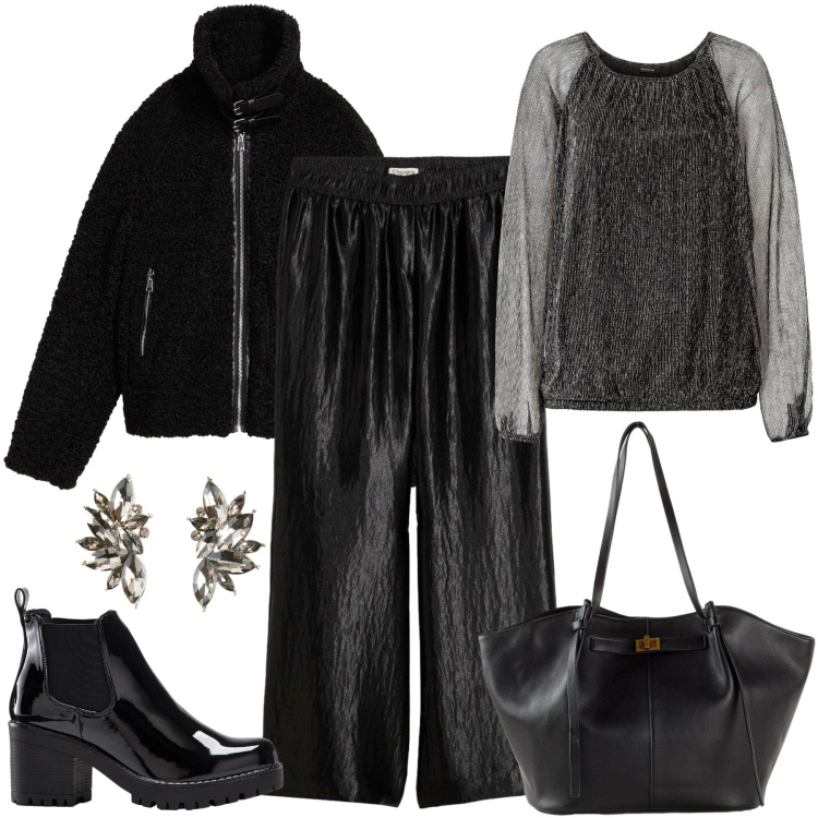 Outfit donna - Bonprix - DAY TO NIGHT. Stile Glamour per Serata fuori. Abbinamento con stivaletti, shopping bag, maglieria, ecopellicce, pantaloni a palazzo, orecchini.