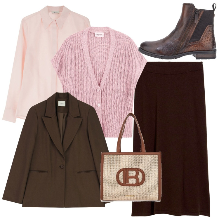 Outfit donna - Total look. Stile Bon Ton per Ufficio. Abbinamento con gonne, maglieria, camicie, blazer, stivaletti chelsea, borse a spalla.