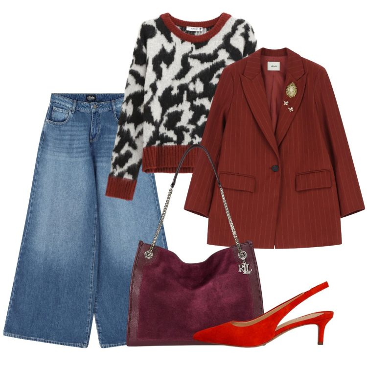 Outfit donna - Gli orli rossi. Stile Casual chic per Ufficio. Abbinamento con pullovers, blazer, jeans, décolleté, borse tote.