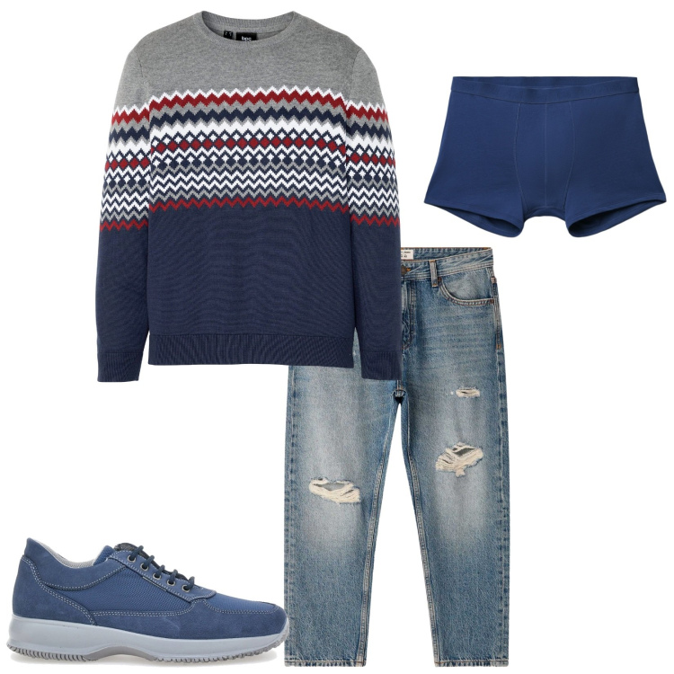 Outfit uomo - Total look #2283818. Stile Trendy per Tutti i giorni. Abbinamento con maglieria, boxer, jeans strappati, scarpe stringate.