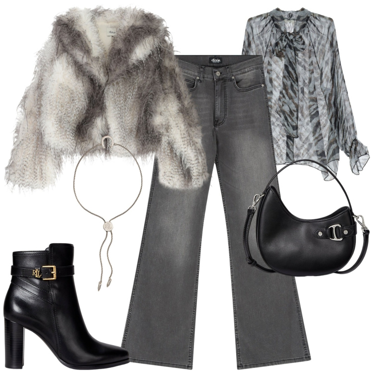 Outfit donna - Casual chic. Stile Casual chic per Tutti i giorni. Abbinamento con camicie, jeans a zampa, blazer, borse a tracolla, braccialetti con ciondoli, stivaletti.