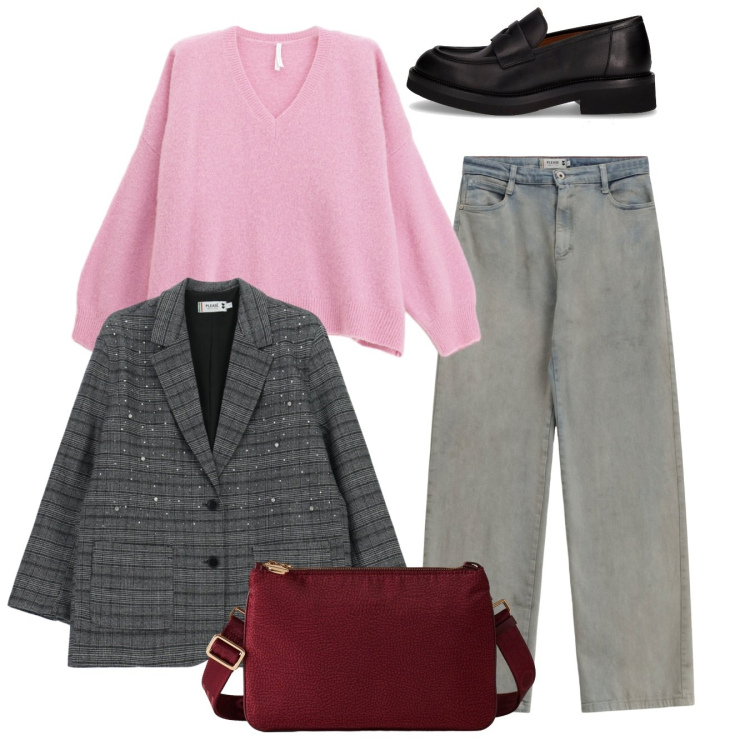 Outfit donna - Total look. Stile Bon Ton per Tutti i giorni. Abbinamento con pantaloni a palazzo, blazer, maglieria, borse a tracolla, mocassini.