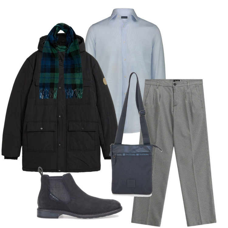 Outfit uomo - Total look #2283822. Stile Business/Elegante per Ufficio. Abbinamento con parka, pantaloni, portafogli, stivali e stivaletti, sciarpe, camicie.