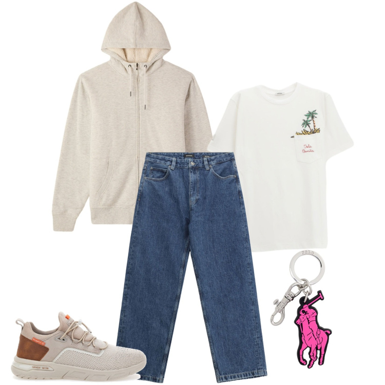 Outfit uomo - Total look #2283823. Stile Trendy per Tutti i giorni. Abbinamento con felpe con cappuccio, jeans, t-shirt, portachiavi, sneakers.