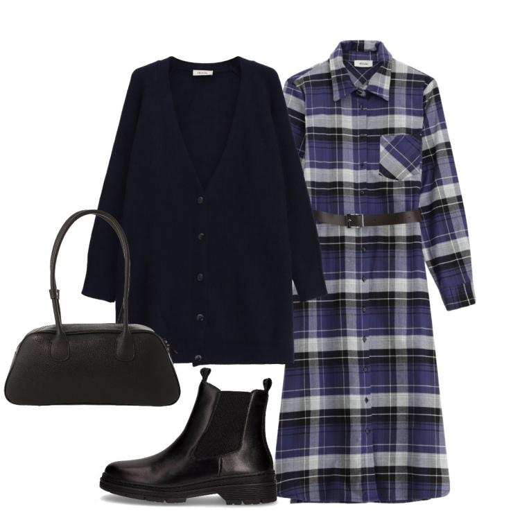 Outfit donna - A scuola. Stile Casual chic per Scuola/Università. Abbinamento con borse a mano, cardigans, vestiti midi/longuette, stivaletti chelsea.