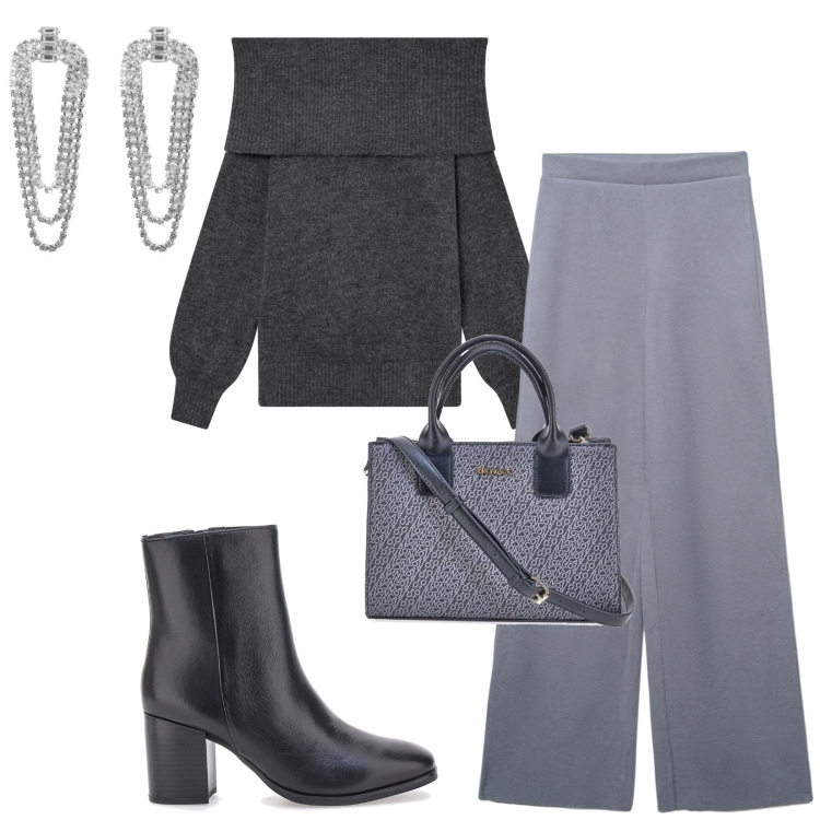 Outfit donna - Total look #2283829. Stile Casual chic per Serata fuori. Abbinamento con pantaloni, maglieria, orecchini, stivaletti, borse a tracolla.