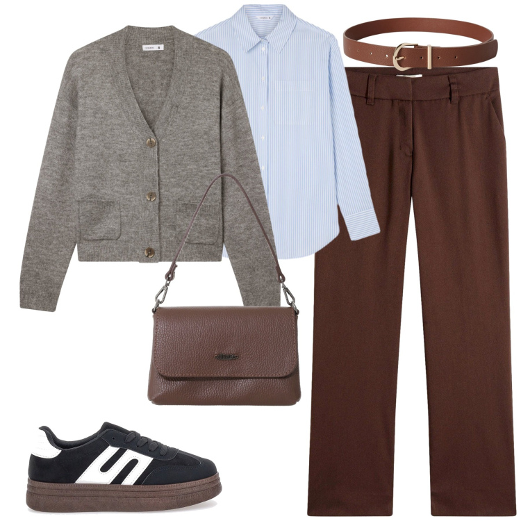 Outfit donna - Classy autumn. Stile Casual chic per Tutti i giorni. Abbinamento con pantaloni, cardigans, cinture, camicie, borse a tracolla, sneakers.
