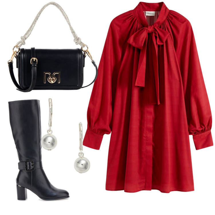 Outfit donna - Total look #2283831. Stile Bon Ton per Serata fuori. Abbinamento con vestiti, borse a mano, orecchini, stivali sopra il ginocchio.