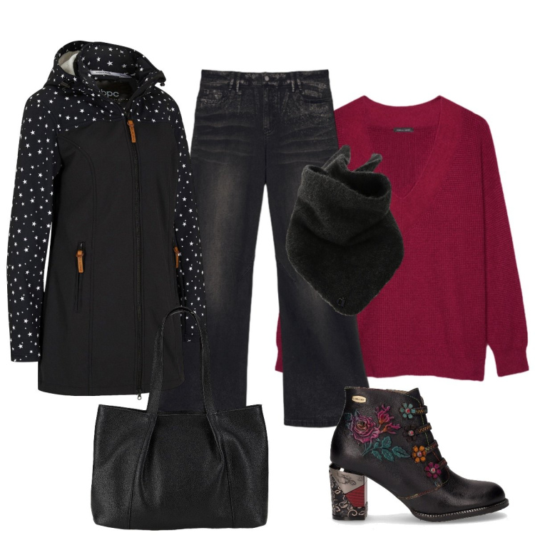 Outfit donna - Curvy stile. Stile Casual chic per Ufficio. Abbinamento con parka, shopping bag, foulard, maglieria, jeans, stivaletti.