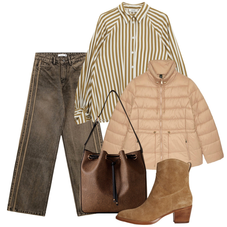 Outfit donna - Novembre. Stile Casual chic per Ufficio. Abbinamento con jeans, borse a secchiello, camicie, stivaletti, piumini.