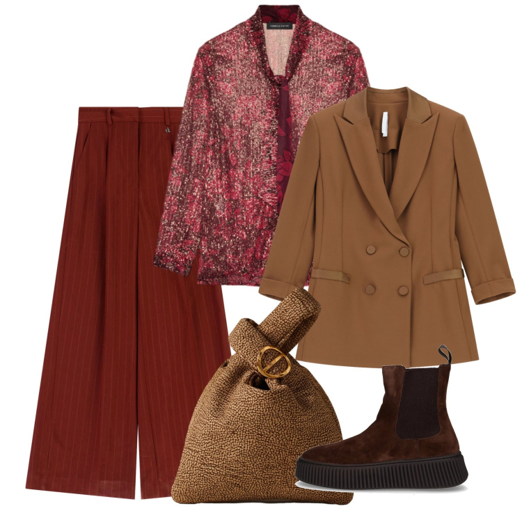 Outfit donna - Novembre. Stile Bon Ton per Tutti i giorni. Abbinamento con blazer, borse a mano, pantaloni a palazzo, camicie, stivaletti chelsea.