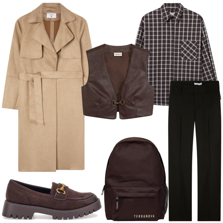 Outfit donna - Total look #2283837. Stile Casual chic per Ufficio. Abbinamento con gilet, pantaloni, camicie, trench, zaini, mocassini.