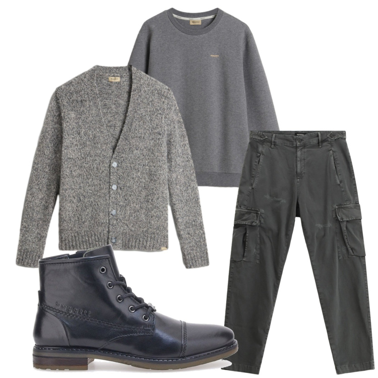 Outfit uomo - Total look #2283839. Stile Trendy per Tutti i giorni. Abbinamento con pantaloni cargo, cardigans, felpe, stivali e stivaletti.