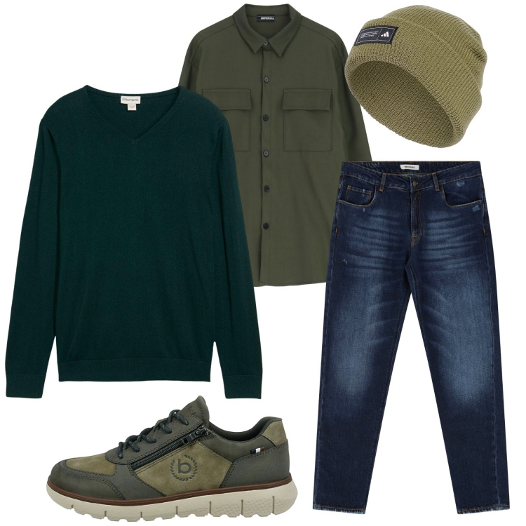 Outfit uomo - Total look #2283843. Stile Trendy per Tutti i giorni. Abbinamento con maglieria, jeans dritti, camicie, berretti, sneakers.