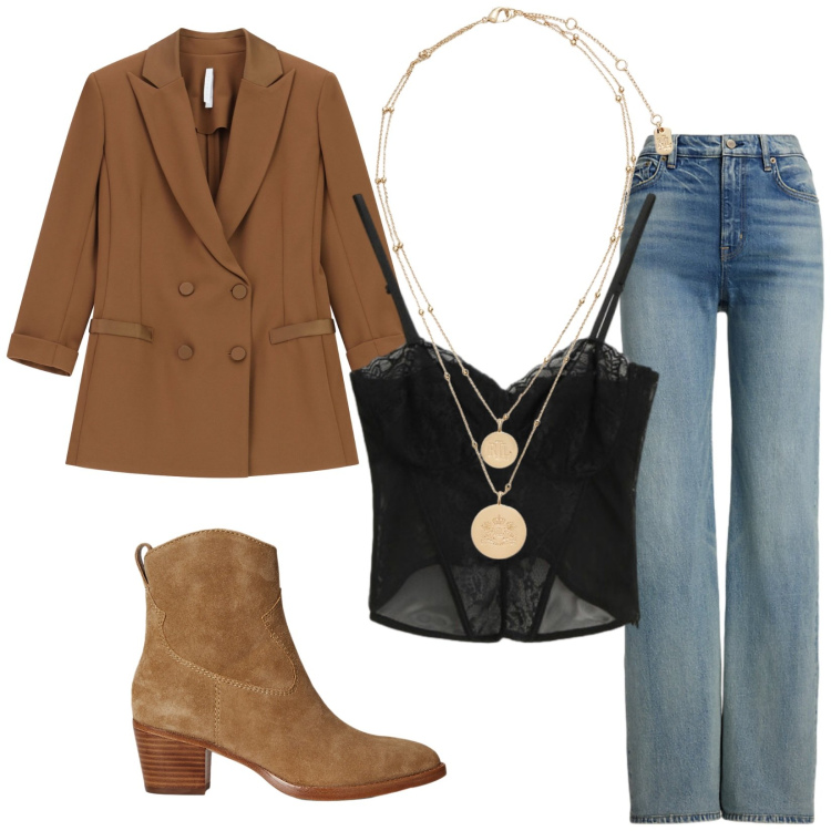 Outfit donna - Total look #2283854. Stile Urban per Serata fuori. Abbinamento con blazer, top, ciondoli, jeans, stivaletti.