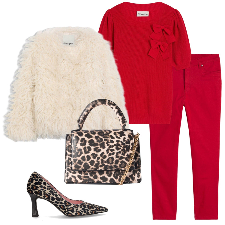 Outfit donna - Jingle bells. Stile Casual chic per Serata fuori. Abbinamento con pantaloni, ecopellicce, maglieria, borse a tracolla, décolleté.