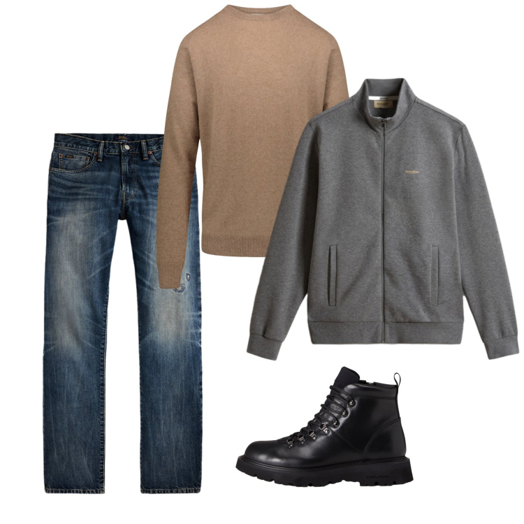 Outfit uomo - Novembre. Stile Casual per Tutti i giorni. Abbinamento con jeans dritti, stivali e stivaletti, felpe, maglieria.