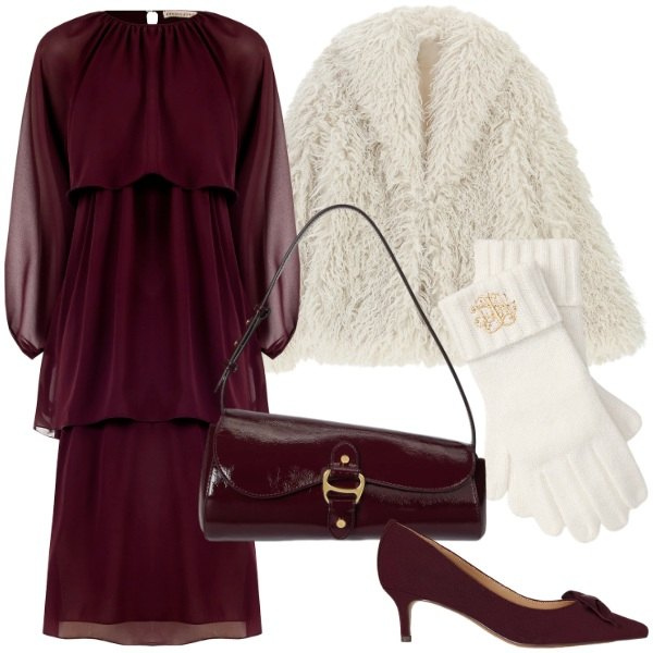 Outfit donna - Black Friday Chic. Stile Chic per Serata fuori. Abbinamento con vestiti lunghi, ecopellicce, décolleté, borse a spalla, guanti.