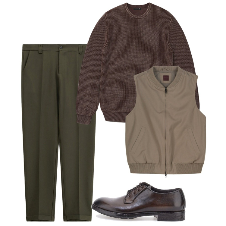 Outfit uomo - Novembre. Stile Casual per Tutti i giorni. Abbinamento con maglieria, pantaloni chino, piumini, scarpe stringate.