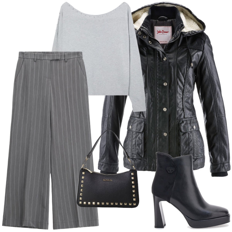 Outfit donna - Total look #2283862. Stile Casual chic per Ufficio. Abbinamento con blazer, maglieria, pantaloni a palazzo, pochette, stivaletti.