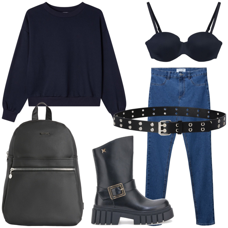 Outfit donna - Total look #2283863. Stile Casual per Tutti i giorni. Abbinamento con cinture, jeggings, reggiseni, felpe, zaini, stivaletti.