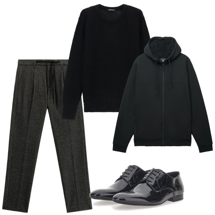 Outfit uomo - Serata. Stile Urban per Serata speciale. Abbinamento con felpe con cappuccio, maglieria, pantaloni, scarpe stringate.