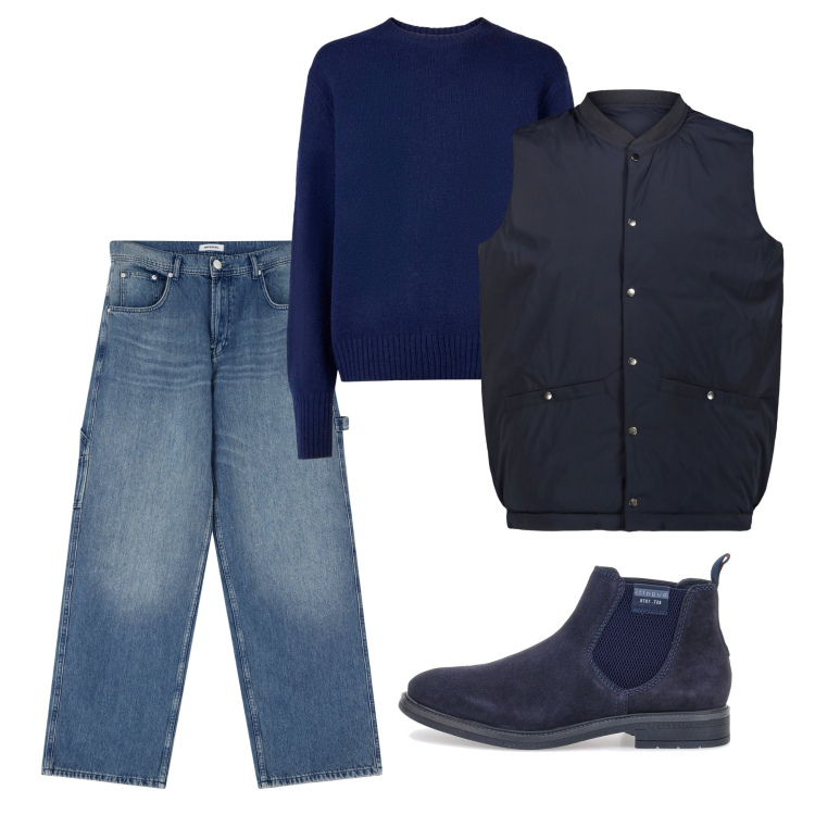 Outfit uomo - Blu. Stile Casual per Tutti i giorni. Abbinamento con jeans, pullovers, stivali e stivaletti, piumini.