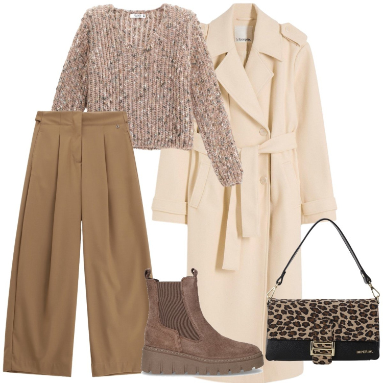 Outfit donna - Total look #2283871. Stile Casual per Tutti i giorni. Abbinamento con trench, maglieria, borse a spalla, pantaloni a palazzo, stivaletti chelsea.