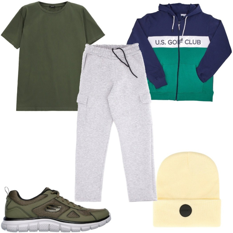 Outfit uomo - Total look #2283872. Stile Trendy per Tutti i giorni. Abbinamento con t-shirt, cappelli, felpe con cappuccio, sneakers, pantaloni cargo.