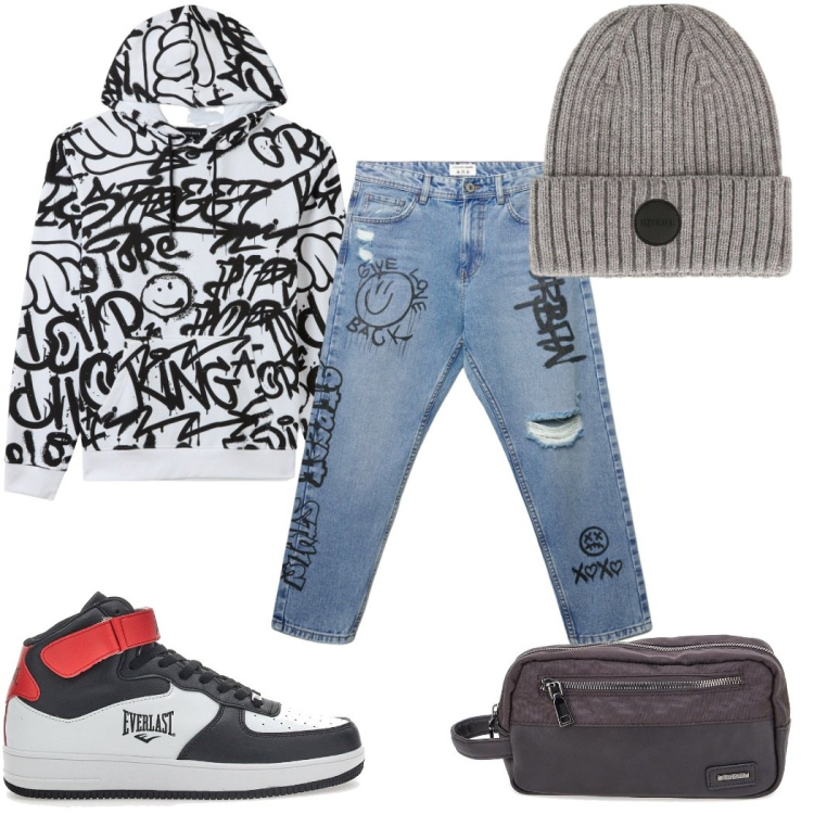 Outfit uomo - Total look #2283874. Stile Urban per Tutti i giorni. Abbinamento con felpe con cappuccio, jeans strappati, cappelli, sneakers, borse sportive.