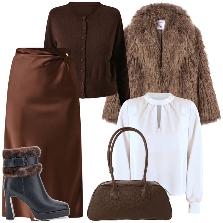 Outfit donna - Total look #2283879. Stile Glamour per Serata fuori. Abbinamento con ecopellicce, gonne longuette, cardigans, bluse, borse a mano, stivaletti.