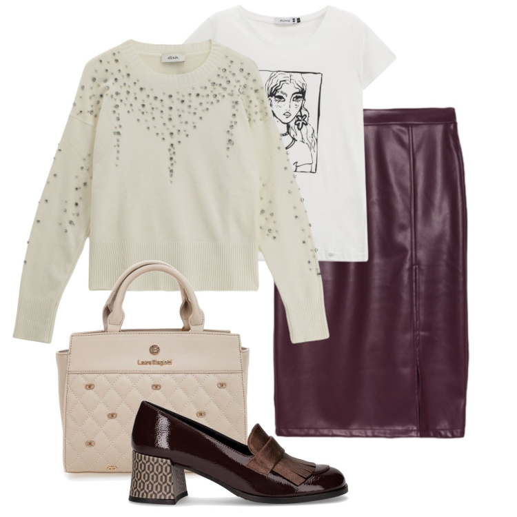 Outfit donna - Black Friday chic. Stile Casual chic per Tutti i giorni. Abbinamento con t-shirt, maglieria, gonne longuette, borse a mano, mocassini.