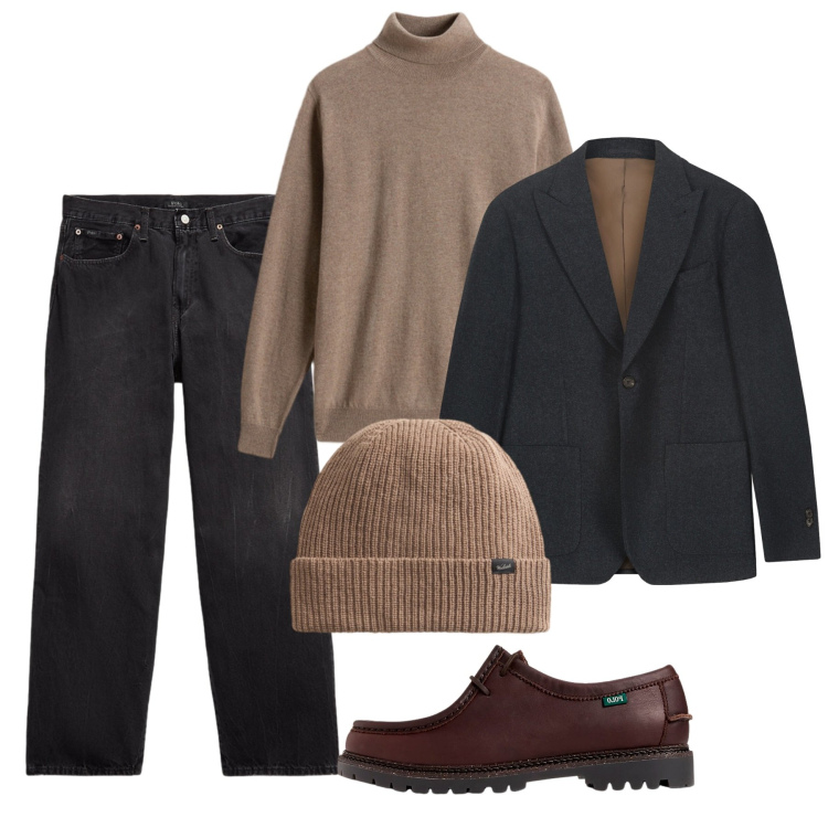 Outfit uomo - Nocciola ed antracite. Stile Casual per Tutti i giorni. Abbinamento con scarpe stringate, jeans, maglieria, berretti, giacche.