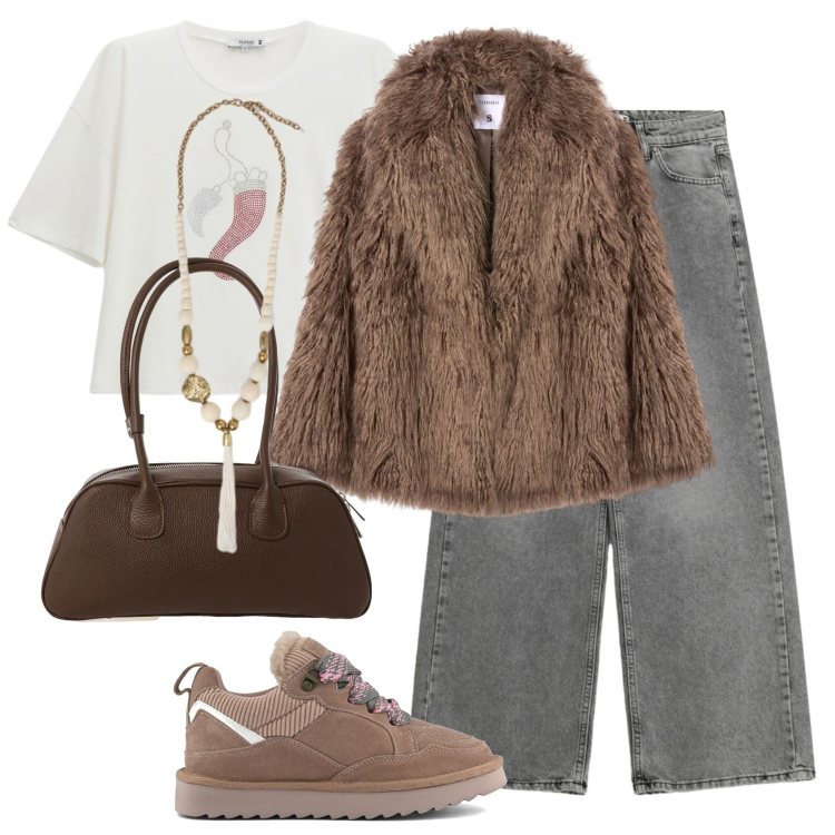 Outfit donna - Black Friday chic. Stile Glamour per Tutti i giorni. Abbinamento con jeans, t-shirt, ecopellicce, borse a mano, sneakers alte, ciondoli.