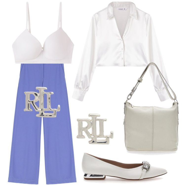 Outfit donna - Pantaloni pervinca. Stile Chic per Ufficio. Abbinamento con camicie, reggiseni a balconcino, pantaloni, orecchini, borse a spalla, ballerine.