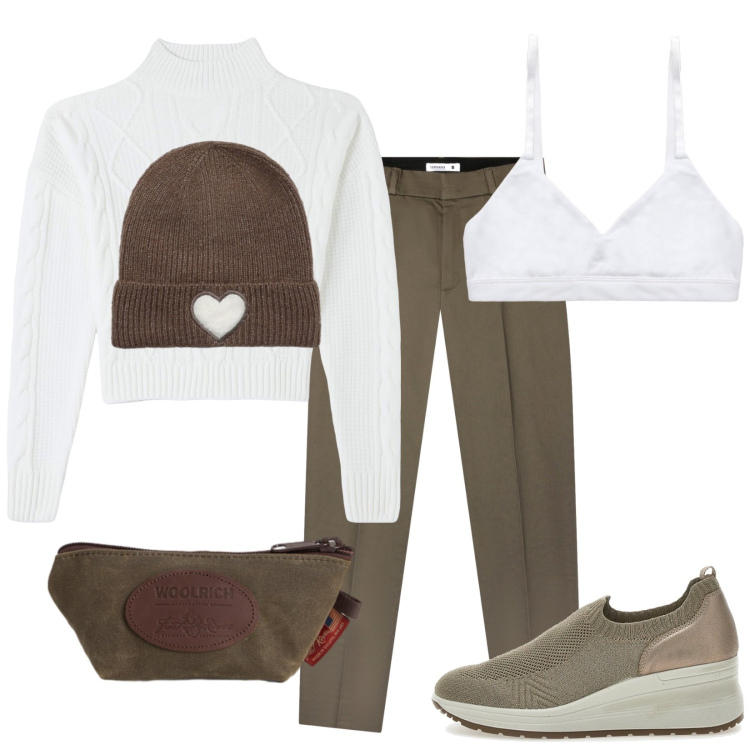 Outfit donna - Comoda. Stile Casual per Tutti i giorni. Abbinamento con pantaloni chino, berretti, reggiseni, maglieria, pochette, scarpe stringate.